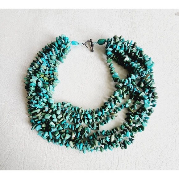 Vintage 925 Sterling Genuine TURQUOISE Chip 8 Strand Necklace Toggle Clasp - Picture 2 of 9